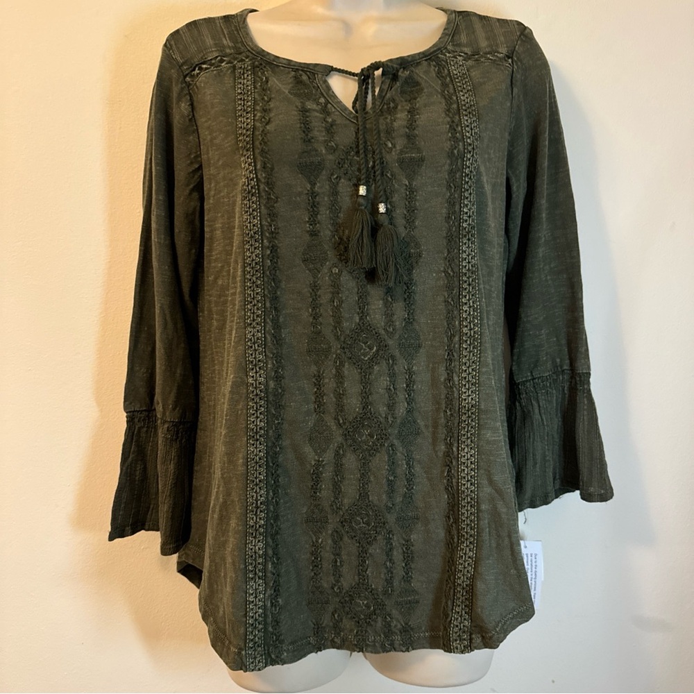 Style & Co. Forest Green Boho Tunic Tassle Tie Front Bell Sleeve Cotton NWT XS